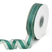 1 Roll Sheer Chiffon Ribbon 1 Inch x 50 Yard Solid Color Organza Ribbons for Party Decoration, Wedding Invitations, Bouquets, Gift Wrapping Decoradion Supplies (Dark Green, Golden Wired Edge)