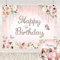 Rose Gold Floral Happy Birthday Backdrop Pink Flowers Butterfly Girls Glitters Birthday Party Photography Background Princess Girl Birthday Party Backdrops Women Wedding Baby Shower Banner 10x8ft