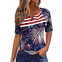 Womens Short Sleeve V Neck T-Shirts Summer Loose Casual Zipper Tee American Flag Patriotic Blouses 4th of July