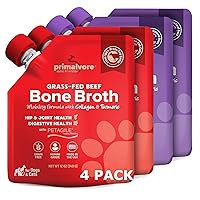 Primalvore Beef & Duck Free-Range Bone Broth for Dogs &Cats, Mobility Formula w/Collagen Peptides for Hip&Joints, Digestion, Skin&Coat and Hydration. Grain Free, Human Grade, Made in USA. 4 Pack