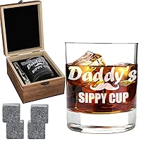 Daddy's Sippy Cup Whiskey Glass Set - Funny Unique Gifts for New Dad Papa - Cool Bourbon Scotch Whiskey Gifts for Father Husband, 11 Oz Old Fashioned Glass with 4 Natural Granite Rocks