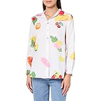 John Mark Women's Fruit Embroidered Button Front Tunic with Roll Tab Sleeves