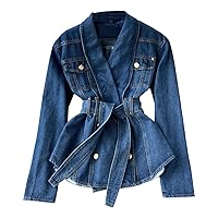 Women’s Blue Denim Double Breasted Jacket With Lotus Leaf Edge - A Classic Korean Fashion Statement