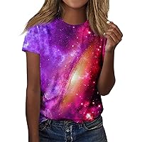 Trendy Tops for Women 2024 Astral Print Novelty Cool Loose Fit Fashion with Short Sleeve Round Neck Shirts