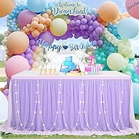 Purple Table Skirt for Baby Shower 6ft Tutu Tablecloths with LED for Mermaid Butterfly Birthday Wedding Decorations 2 Layer Tulle