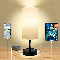 Touch Control Bedsides Lamp,3 Way Dimmable Nightstand Lamp with USB A+C Port & AC Outlet,Table Lamps for Bedroom with White Fabric Shade,Bedroom Lamp for Living Room,Home Office（Bulb Included）