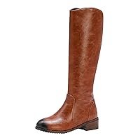 BIGTREE Womens Knee High Biker Boots Wide Calf Retro Winter Lined Western Riding Boots with Back Zip
