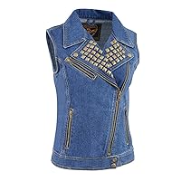 Milwaukee Leather MDL4030 Women's Black Denim Zipper Front Motorcycle Vest with Studded Spikes