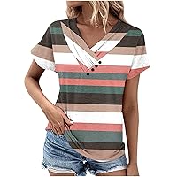 Women's Casual V Neck Short Sleeve Tshirts 2024 Fashion Summer Color Block Tops Loose Tunic Blouses Lightweight Tee Shirts