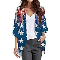 Independence Day Cardigans for Women American Flag Print 3/4 Sleeve Loose Party Wear Top