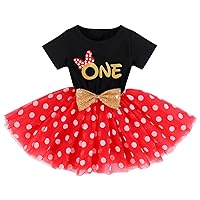 Mouse 1st Birthday Outfit for Baby Girl My First Birthday Outfits Cake Smash Outfit Mini Tutu Skirt Polka Dots Dress Mouse Themed Birthday Party Supply Toddler Princess Photo Shoot Black + Red One 1T