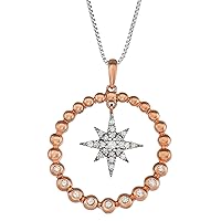 Round Circle Pendant with White Diamonds (1/5 CTTW), Rhodium and Rose Gold Plated Silver, 18-Inch Chain Necklace for Women and Girls