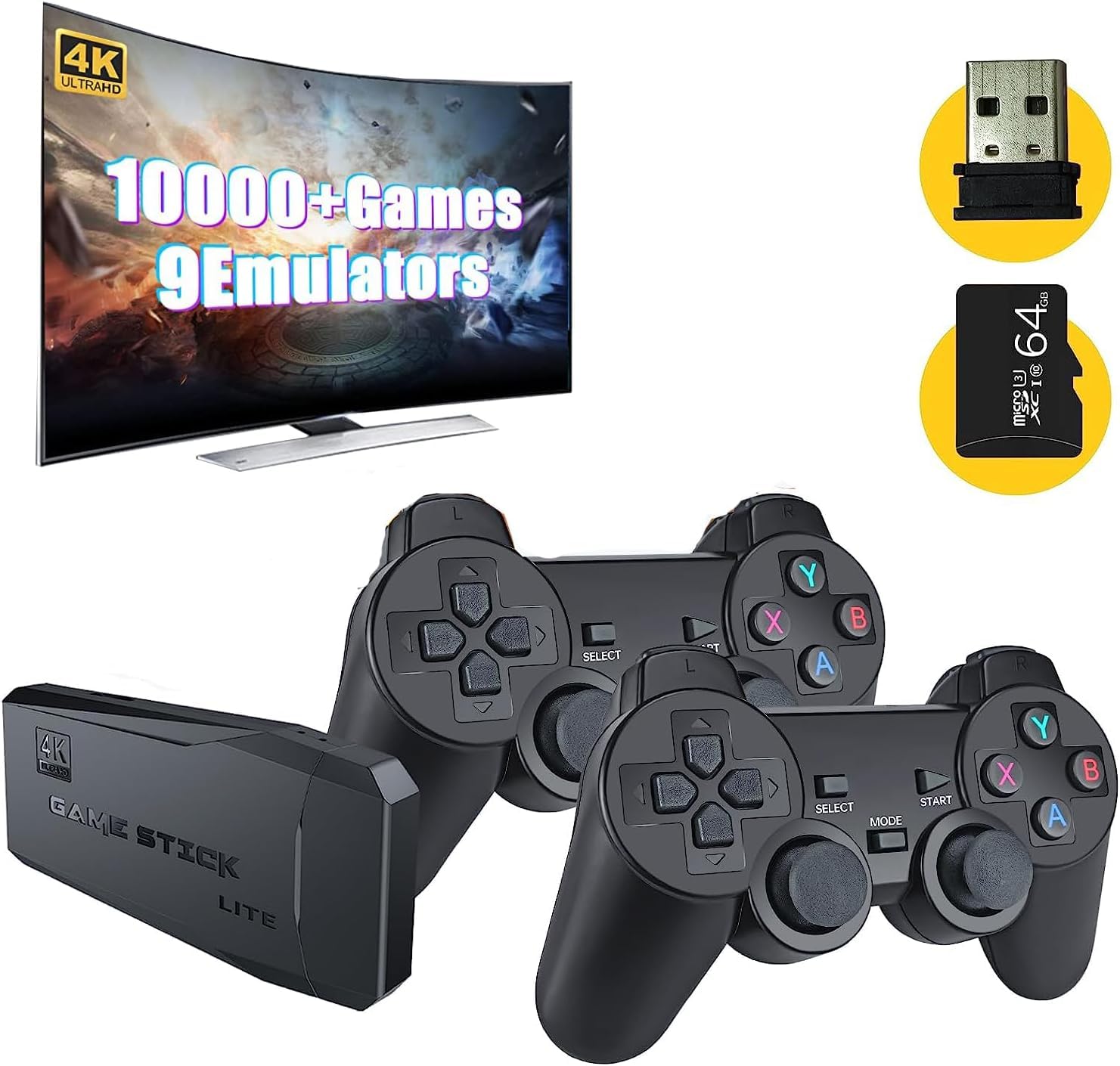 Retro Game Console,Retro Game Stick,Nostalgia Stick Game,4K HDMI Output,Plug and Play Video Game Stick Built in 10000+ Games,9 Classic Emulators, with Dual 2.4G Wireless Controllers