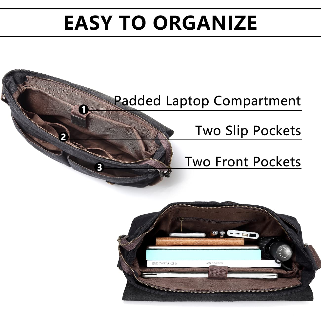 VASCHY Black Leather Canvas Messenger Bag for Men, Vintage Satchel 15.6 inch Laptop Business Briefcase Shoulder Bag with Top Lift Handle