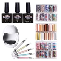 Nail Transfer Foil Glue Gel Kit with Silicone Brush Pen, Protable UV LED Lamp, Base Top Coat | Silver Gold Bohemia Nail Foil Transfer Tips Decals Print Foil Stickers Wraps 30 Rolls Holographic Foil