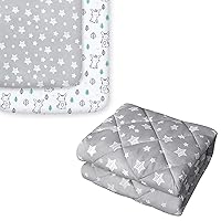 Pack and Play Sheets, 2 Pack Stretchy Pack n Play Playard Fitted Sheet, Stars & Bunny and Toddler Comforter Down Alternative Lightweight, Grey Star Print, 39x47 Inches