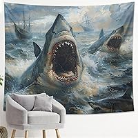 Nautical Shark Tapestry Vintage Ocean Oil Paint Landscape Sailboat Blue Polyester Large Wall Art Dorm Room Decorations Tapestry Wall Hanging Bar Decor Living Room Office Ceiling Tapestry 60x50Inch