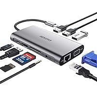 USB C Hub, USB C Adapter, EUASOO 10 in 1 Type c Hub with 1000M RJ45 Ethernet, 4K HDMI, VGA, USB 3.0 Ports, PD 3.0 Charging Port, TF/SD Card Readers, Audio Mic Port for MacBook, Chromebook and More