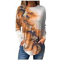 Going Out Tops for Women,Womens Vintage Marble Printed Long Sleeve Shirt Crew Neck Loose Blouse to Wear with Leggings