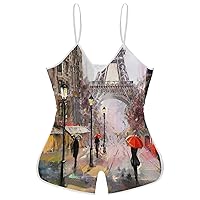 Paris Street Scene Funny Slip Jumpsuits One Piece Romper for Women Sleeveless with Adjustable Strap Sexy Shorts