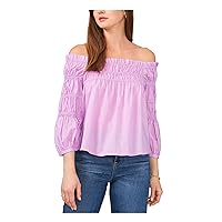Vince Camuto Womens Smocked Off The Shoulder Pullover Top Purple XS