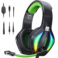 PG1 Gaming Headset for PS4/PS5/PC/Xbox/Nintendo Switch, Xbox One Headset with AI Stereo Microphone Sound, Computer Headset with 3.5mm Jack & RGB Light Black/Green