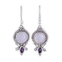NOVICA Handmade .925 Sterling Silver Rainbow Moonstone Amethyst Dangle Earrings from India Clear Purple Birthstone [1.7 in L x 0.6 in W x 0.3 in D] 'Majestic Windows'