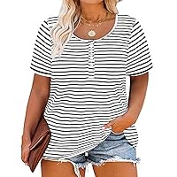 RITERA Womens Plus Size Tops Summer Button Short Sleeve Tunic Black and White Stripe Tshirt Round Neck Blouse Henley Shirt 1X 14W 16W