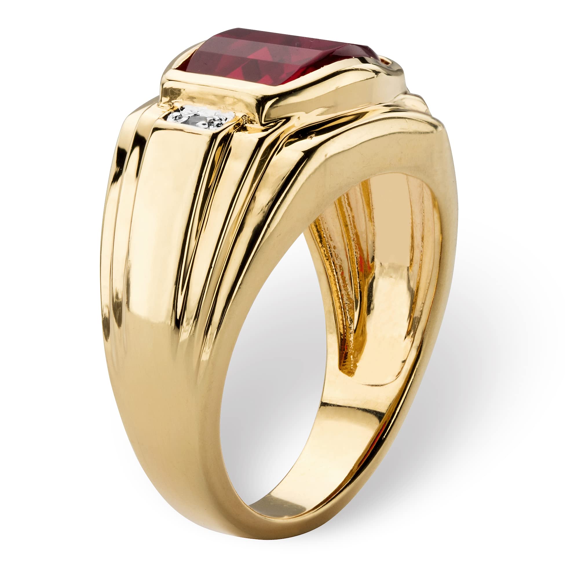 Palm Beach Jewelry Men's 18K Yellow Gold Plated Emerald Cut Created Red Ruby or Blue Sapphire and Diamond Accent Ring