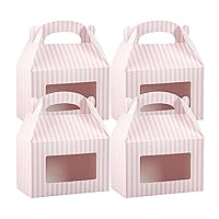 Restaurantware Bio Tek 8.5 x 4.8 x 5.5 Inch Gable Boxes For Party Favors 100 Durable Gift Treat Boxes - Striped Pattern Clear PET Window Pink & White Paper Barn Boxes With Built-In Handle