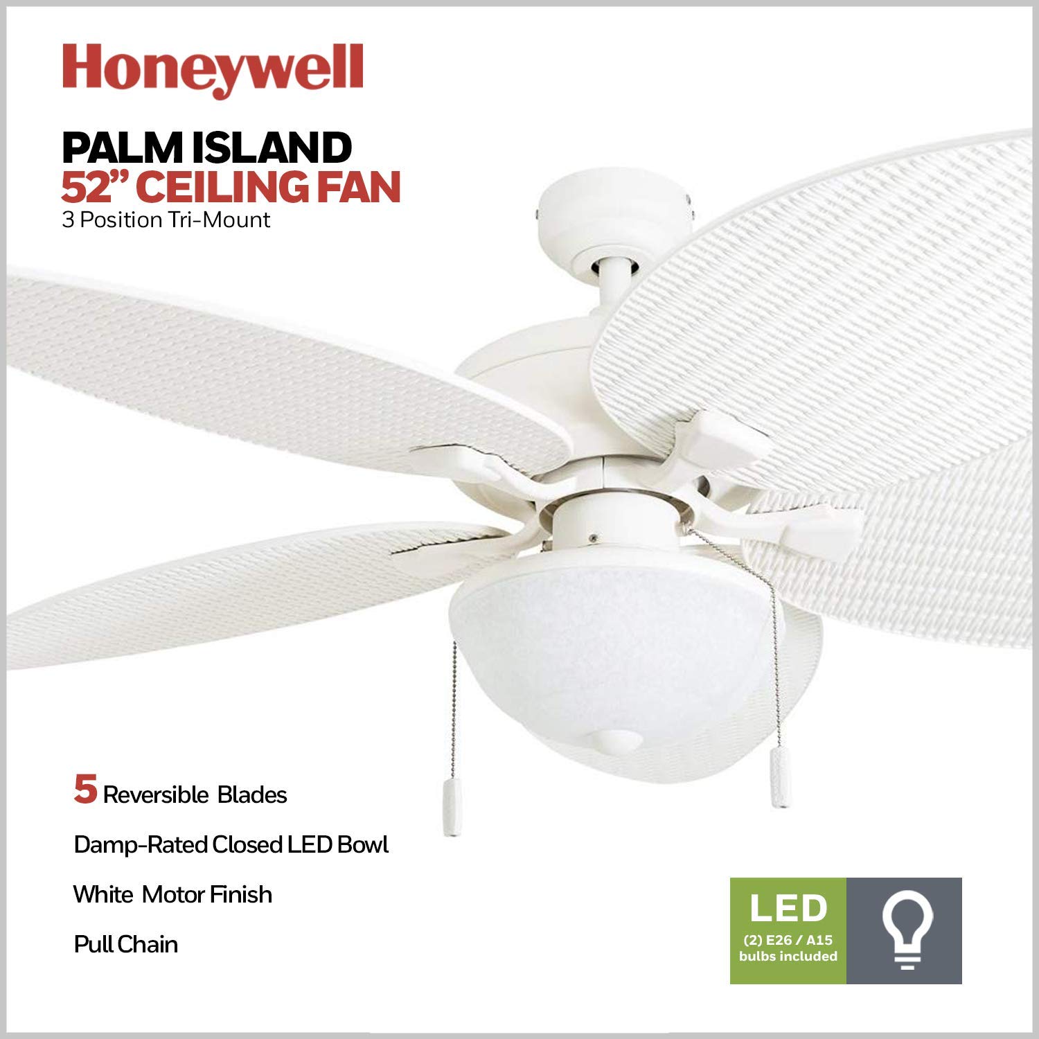 Honeywell Ceiling Fans Inland Breeze, 52 Inch Tropical Indoor Outdoor Ceiling Fan with Light, Pull Chain, Three Mount Options, Weather Resistant Blades - 50511-01 (White)