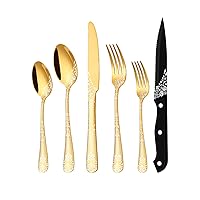 EUIRIO 24 Pieces Gold Silverware Set with Steak Knives, Stainless Steel Flatware Set for 4, Mirror Gold Cutlery Utensils Set with Unique Floral Laser, Includes Spoons Forks Knives Set, Dishwasher Safe