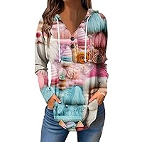 Women's Long Sleeve Tops Casual Christmas Print V Neck Button Hoodie Tops Sleeves Shirts, S-3XL