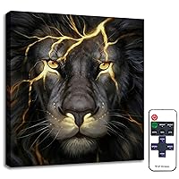 Led Lamp Lion Wall Art - African Wild Animal Picture Lighted Leo Artwork The King Of Africa Nature Print Battery Control Bedroom Decorations Boys Room Dorm Modern Canvas Framed Poster 11.8x11.8 Inches