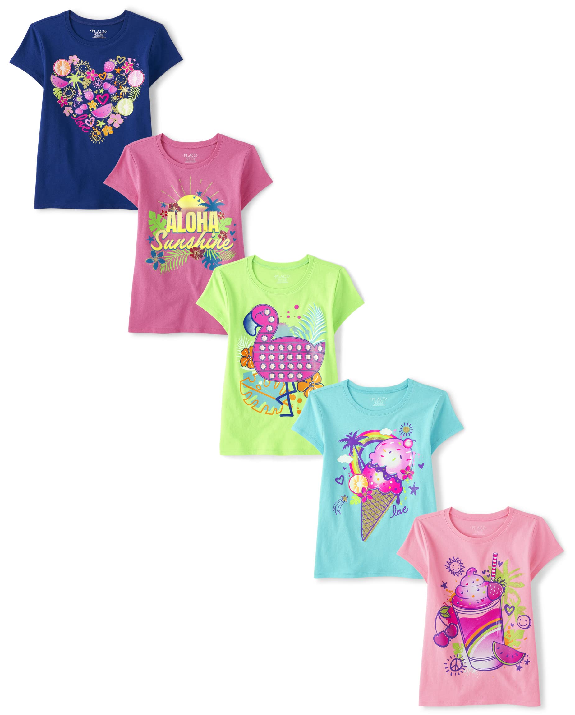 The Children's Place Girls' Short Sleeve Multi Color Graphic T-Shirt, 5 Pack