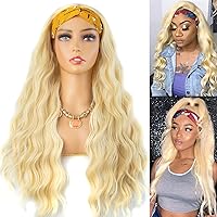 26 Inches #613 Bleach Blonde Headband Wig Synthetic Deep Wave Headband Wigs for Women None Lace Glueless Lightest Blonde Long Wavy Synthetic Half Wigs with Headbands Attached 150% Density