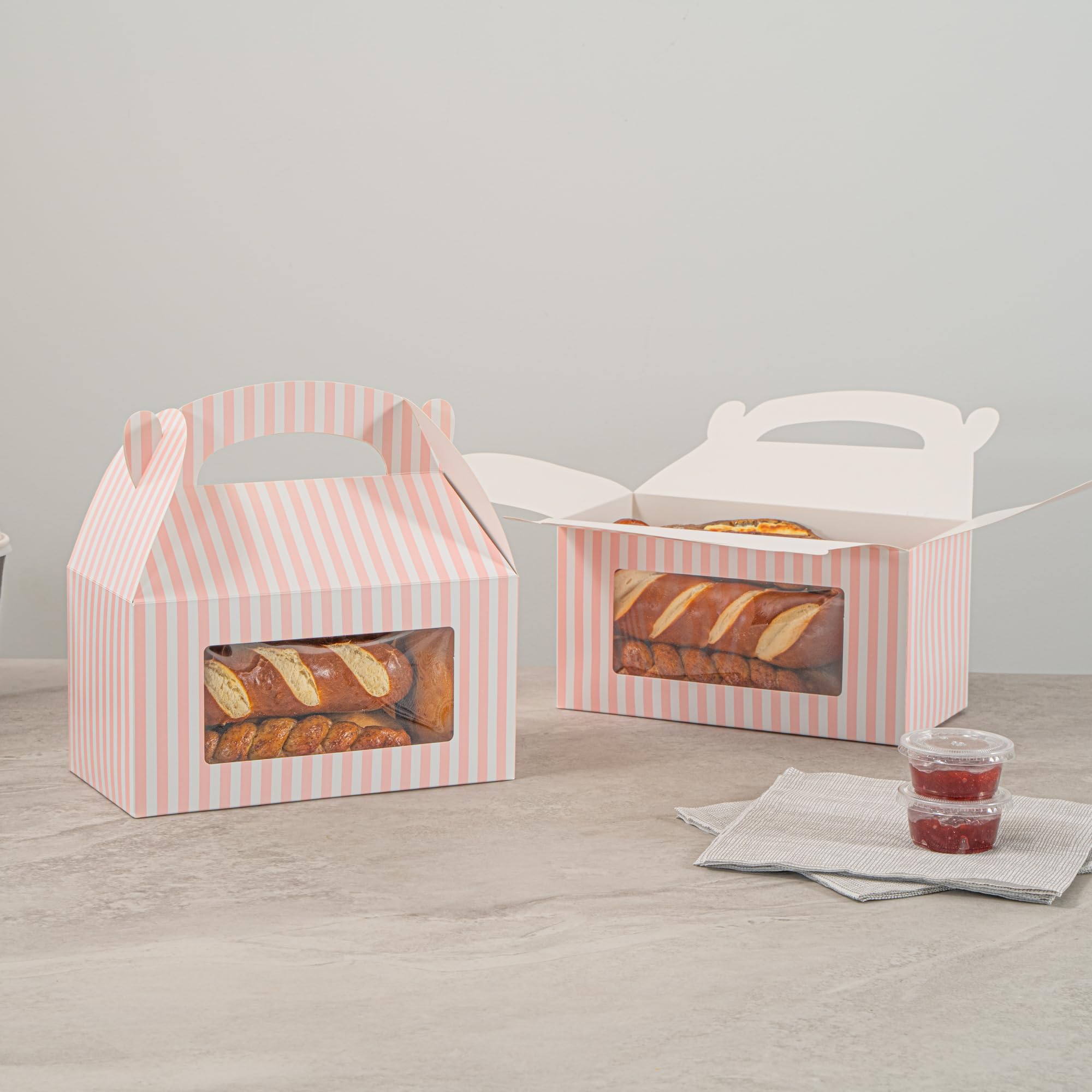 Bio Tek 9.5 x 5 x 5 Inch Gable Boxes For Party Favors, 25 Durable Gift Treat Boxes - Striped Pattern, Clear PET Window, Pink & White Paper Barn Boxes, With Built-In Handle - Restaurantware