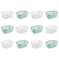Sterilite 1.5 Bushel Rectangular Laundry Basket, Plastic, Classic Design for Carrying Clothes to and from the Laundry Room, White and Aqua, 12-Pack