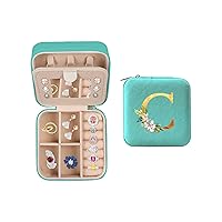 My Daily Travel Jewelry Case - Small Jewelry Box for Women Girls Gift Organizer Leather Jewelry Holder Boxes with Mirror, Mint Green, Initial C