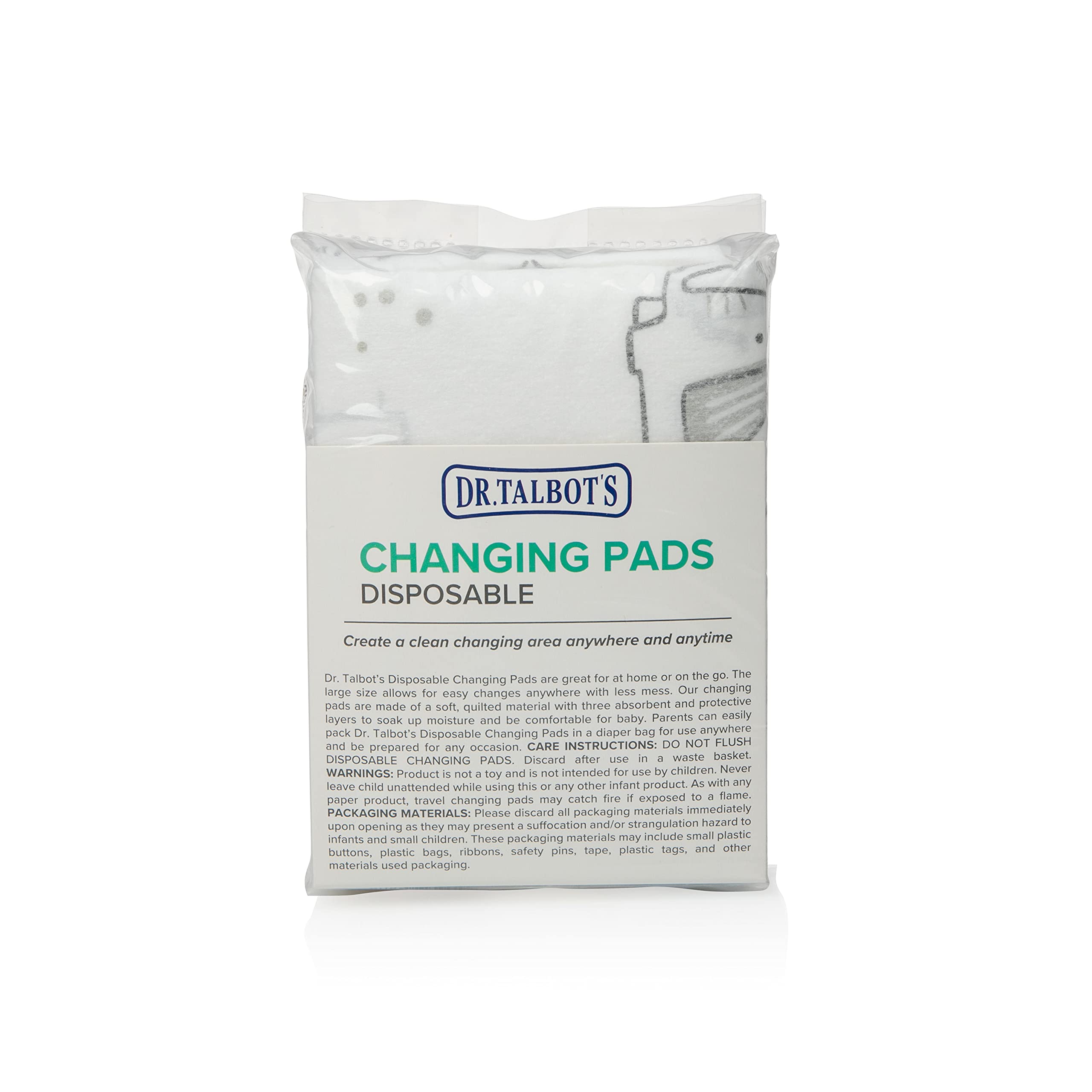 Dr. Talbot's Disposable Changing Pads, Absorbent Travel Diaper, Gray Elephant Print