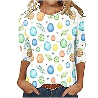 Plus Size Graphic Tees for Women Easter Day Tshirts Cute Bunny Eggs Print Blouse Fashion 3/4 Sleeve Round Neck Tunic Top