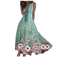 Women's Summer Dresses 2024 Sleeveless Square Neck Waistband Colorful A-Line Tassel Loose Midi Dresses