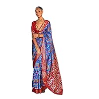 Bright festival Colors Indian woman's Patola Silk Saree woven Wedding Party sari Blouse 3396