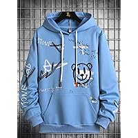 Men Cartoon & Letter Graphic Drawstring Hoodie (Color : Baby Blue, Size : Small)