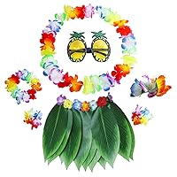 Hula Leaf Skirt with Flower Leis, 7pcs/Set Hawaiian Grass Skirt with Pineapple Sunglasses for The Hair and Bracelet, Summer Party Garland of Grass Skirt