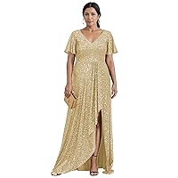 Sparkly Mother of The Bride Dresses for Women V Neck Formal Dress with Sleeves Long Evening Gown