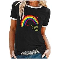 Mother's Day T-Shirts for Womens Cute Rainbow Love Heart Round Neck Blouses Summer Casual Loose Fit Funny Short Sleeve Shirts