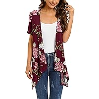 Floral Short Sleeve Cardigans for Women Casual Drape Open Front Lightweight Summer Cardigan with Pocket High Low Hem
