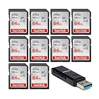 SanDisk 64GB Ultra Class 10 140 MB/s UHS-I SDXC Memory Card (10-pack) with Koah Pro 2-in-1 USB 3.0 Memory Card Reader bundle (11 Items)