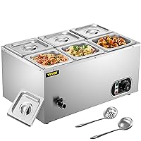 VEVOR Commercial Food Warmer 6x1/6GN, 6-Pan Stainless Steel Bain Marie 12.6 Qt Capacity, 1500W Steam Table 15 cm/6 inch Deep, Temp. Control 86-185℉, Electric Soup Warmer with Lids & 2 Ladles